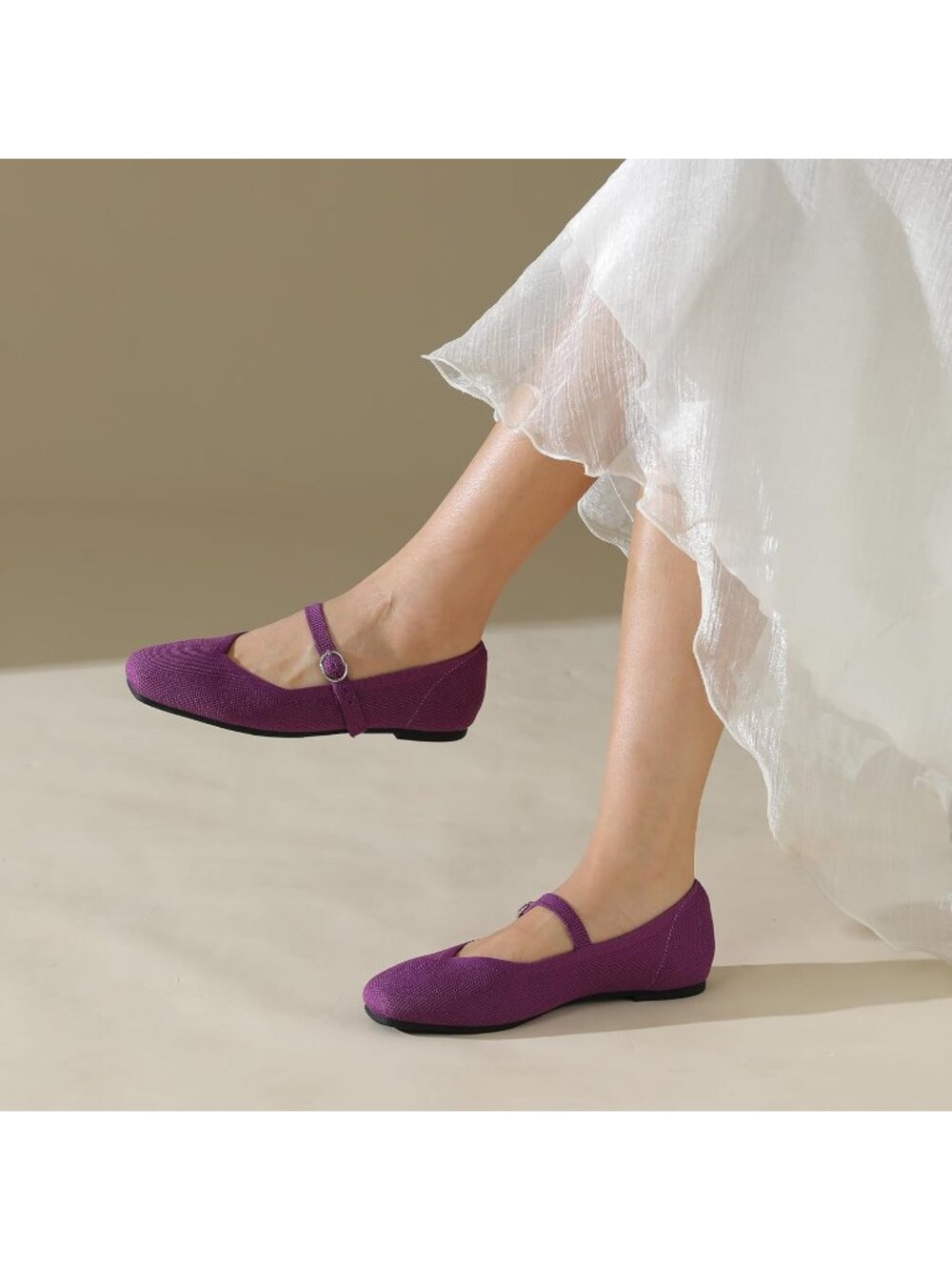 Women's Deep Purple Knit Flats Square Toe Casual Ballet Flat Ankle Strap Shoes - Picture 2 of 6